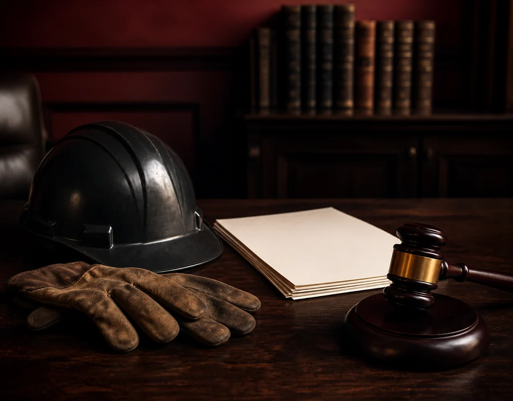 Capacete de trabalho e martelo da Justiça relacionados ao Direito Trabalhista